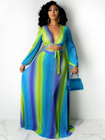 Zweiteilige Sets Blau Grün Polyester V-Ausschnitt Ombre Lace Up Plissee Lange Ärmel Maxi Outfit Für Damen