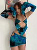 Zweiteilige Sets Blau Lycra Spandex Plissee Lace Up Floral Printed Casual Rock Herbst Lange Ärmel Halter Stretch Damen Outfit