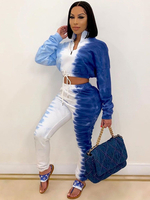 Zweiteilige Sets Blau Polyester Umlegekragen Ombre Tie Dye Lace Up Sexy Lange Ärmel Outfit Für Frauen