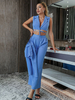 Zweiteilige Sets Blau Polyester Umlegekragen Schnüren Freizeithosen Lange Ärmel Damen Outfit