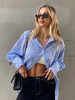 Zweiteilige Sets Blaue Polyester Knöpfe Streifen Muster Sommer Langarm Turndown Kragen Stretch Bluse Casual Pants Outfit
