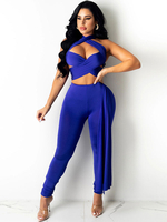 Zweiteilige Sets Blaues Polyester Cut Out Sexy Tube Top Sommer Ärmelloses Neckholder Layered Damen Outfit