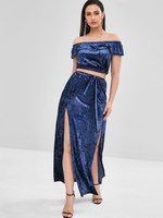 Zweiteilige Sets Blaues Polyester Sexy Sommer Kurzarm Bateau Neck Outfit für Frauen