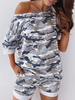 Zweiteilige Sets Blue Camouflage Bateau Neck Kurzarm T-Shirt mit Shorts
