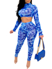 Zweiteilige Sets Blue Camouflage Langarm-Stehkragen Athletic Crop Top mit schmalen Hosen