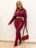 Zweiteilige Sets Burgund PU Leder Umlegekragen Plissee Sexy Lange Ärmel Outfit Für Frauen