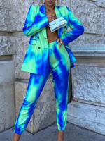 Zweiteilige Sets Cyan Blau Polyester Entworfener Ausschnitt Tie Dye Knöpfe Lange Ärmel Klassische Blazer Jacke Gerade Hosen Anzüge Outfit Für Frauen