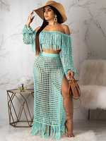 Zweiteilige Sets Cyan Blue Polyester Fransen Split Front Sexy Langer Rock Frühling Lange Ärmel Off-The-Shoulder Layered Top Sommer Outfit für Frauen