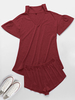 Zweiteilige Sets für Damen Burgunder Baumwolle V-Ausschnitt Plissee Kurze Ärmel Tops Casual Outfit