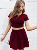 Zweiteilige Sets für Frauen Burgunder Baumwolle Jewel Neck Stripes Pattern Kurzarm T-Shirt Sommer Outfit