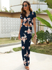 Zweiteilige Sets für Frauen Dark Navy Polyester Plissee Blumendruck Sommer Kurzarm V-Ausschnitt Böhmisches T-Shirt Böhmischer Langrock Sommer Outfit