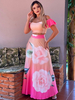 Zweiteilige Sets für Frauen Pink Polyester Plissee Blumendruck Sexy Sommer Kurzarm Bateau Neck Backless Outfit