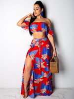 Zweiteilige Sets für Frauen Roter Polyester Bateau-Ausschnitt Blumendruck Plissee Kurzarm Sexy Top Langer Rock Sommeroutfit