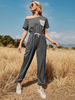 Zweiteilige Sets für Frauen Tiefgraues Polyester ohne Schulter Schnürpaspel Kurzarm Lässiges Oberteil Lange Hose Sommeroutfit
