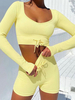 Zweiteilige Sets Gelb Lycra Spandex Kordelzug Skinny Shorts Herbst Lange Ärmel U-Ausschnitt Stretch Damen Casual Outfit