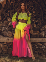 Zweiteilige Sets; Gelb; Polyester; Ombre; lässig; langer Rock; Frühling; lange Ärmel; Bateau-Ausschnitt; Outfit für Frauen