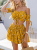 Zweiteilige Sets Gelbe Blumendruck Kordelzug Sexy Bandeau Top Mit Rock