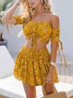 Zweiteilige Sets Gelbe Blumendruck Kordelzug Sexy Bandeau Top Mit Rock