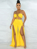 Zweiteilige Sets Gelbe Polyester Trägerlose Schnürung Geteilte Vorderseite Freizeithose Ärmelloses Top Damen Outfit