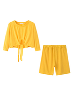 Zweiteilige Sets Gelber Polyester Jewel Neck Casual Shorts Halbarm Outfit für Frauen