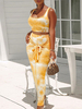 Zweiteilige Sets Gelber Polyester Schnürkrawattenfarbblock Sexy Rock Sommer Juwelenhals Offene Schulter Bodycon Outfit
