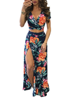 Zweiteilige Sets Gelber Polyester V-Ausschnitt bedruckt Sexy langer Rock Kurzarm Frauen Outfit