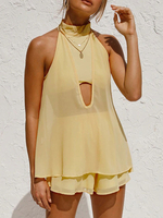 Zweiteilige Sets Gelbes Polyester ausgeschnitten Sexy Frühling ärmellose Träger Hals Frauen Top und kurze Hosen