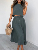Zweiteilige Sets Graue Baumwollmischung Jewel Neck Casual Ärmellose Damenoberteile und Rock