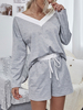 Zweiteilige Sets Graues Polyester-Kordelzug-Farbblock-Sweatshirt mit V-Ausschnitt und Kordelzughose