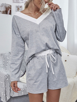 Zweiteilige Sets Graues Polyester-Kordelzug-Farbblock-Sweatshirt mit V-Ausschnitt und Kordelzughose