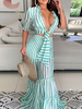 Zweiteilige Sets Grün Polyester V-Ausschnitt Streifen Plissee Lace Up Sexy Tube Top Halbarm Damen Outfit