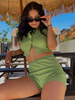 Zweiteilige Sets Grüne Baumwollknöpfe Sommer Kurzarm Jewel Neck Stretch Top Skinny Shorts Lässiges Outfit