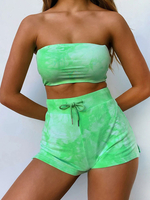 Zweiteilige Sets Grüne Baumwollmischung Bateau Neck Printed Sexy Frauen Tops und kurze Hosen