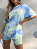 Zweiteilige Sets Helles Himmelblau Polyester Baumwolle Tie Dye Casual Top mit elastischen Shorts