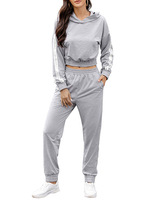 Zweiteilige Sets Hellgraue Kapuzenpullover Farbblock Taschen mit Hosen Frauen Outfit