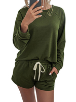 Zweiteilige Sets Hunter Green Polyester Jewel Neck Bedrucktes lässiges Oberteil mit langen Ärmeln und Shorts mit Kordelzug