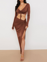 Zweiteilige Sets Kaffee Braun Polyester Split Front Geknotet Lässig Langer Rock Frühling Ärmellos V-Ausschnitt Geknotet Sommer Outfit Für Frauen