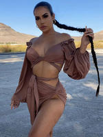 Zweiteilige Sets Kaffee Braun Polyester V-Ausschnitt Lace Up Lange Ärmel Sexy Frauen Outfit