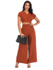 Zweiteilige Sets Kaffeebraun Polyester V-Ausschnitt Lässige Schlaghose Kurzarm Bluse Sommeroutfit