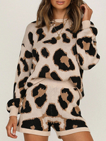 Zweiteilige Sets Leopard Acryl Jewel Neck Leopard Print Lässig Langarm Frauen Zwei-Set
