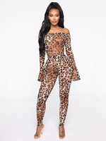 Zweiteilige Sets Leopard Polyester Paspel Leopard Print Casual Top Herbst Lange Ärmel Bateau Neck Stretch Damen Outfit