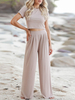 Zweiteilige Sets Light Apricot Polyester Herbst Kurzarm Bluse mit Juwelenausschnitt Gerade Hosen Lässiges Damen-Outfit