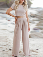 Zweiteilige Sets Light Apricot Polyester Herbst Kurzarm Bluse mit Juwelenausschnitt Gerade Hosen Lässiges Damen-Outfit