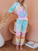 Zweiteilige Sets Light Sky Blue Tie Dye Pockets Langarm-Hoodie mit Hosen für Frauen