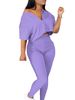 Zweiteilige Sets Lila Baumwolle V-Ausschnitt Sexy Rüschen Crop Top mit schmalen Hosen mit hoher Taille
