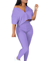 Zweiteilige Sets Lila Baumwolle V-Ausschnitt Sexy Rüschen Crop Top mit schmalen Hosen mit hoher Taille