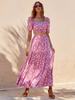 Zweiteilige Sets Lila Polyester Geometrisches Freizeitoberteil Sommer Kurze Ärmel Quadratischer Ausschnitt Sommeroutfit für Frauen