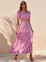 Zweiteilige Sets Lila Polyester Geometrisches Freizeitoberteil Sommer Kurze Ärmel Quadratischer Ausschnitt Sommeroutfit für Frauen