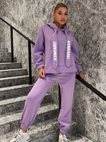 Zweiteilige Sets Lila Polyester Kordelzug Lange Ärmel Mit Kapuze Stretch Casual Tapered Fit Hosen Winter Damen Outfit