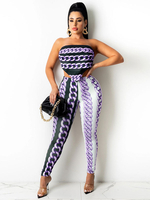 Zweiteilige Sets Lila Polyester Plissee Geometrische Sexy Tube Top Sommer Ärmelloses Trägerloses Rückenfreies Damen Outfit